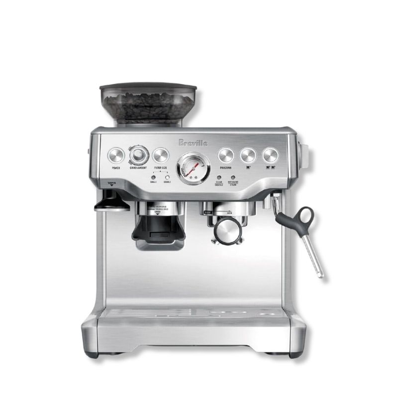 Breville Barista Express espresso machine with built-in grinder and stainless steel design
