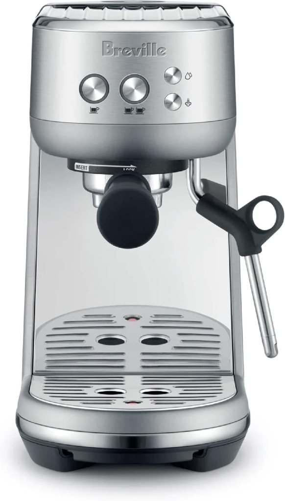 Breville Bambino espresso machine with manual steam wand and compact stainless steel design