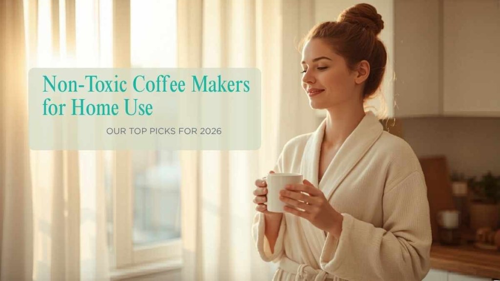 Woman enjoying morning coffee in bright modern kitchen — non-toxic coffee makers guide 2026